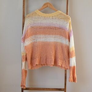 Boho Pastel Pink, White, Yellow Lightweight Loose Knit Colorblock Summer Sweater